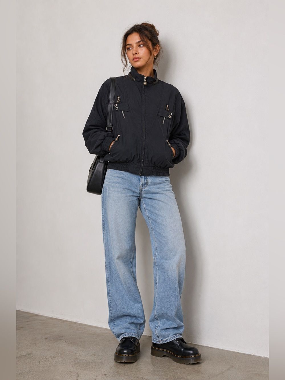 Jamie Sadock Black Satin Bomber 4 Pockets Full Zip Size M Faux Leather Trim